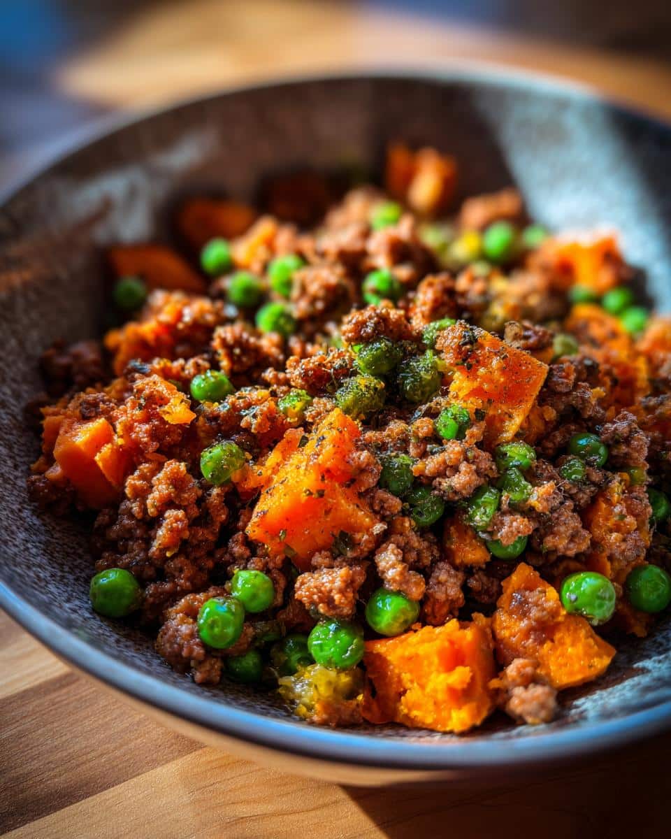 A bowl of High-Calorie Beef & Sweet Potato Dog Recipe with peas, ready to serve.