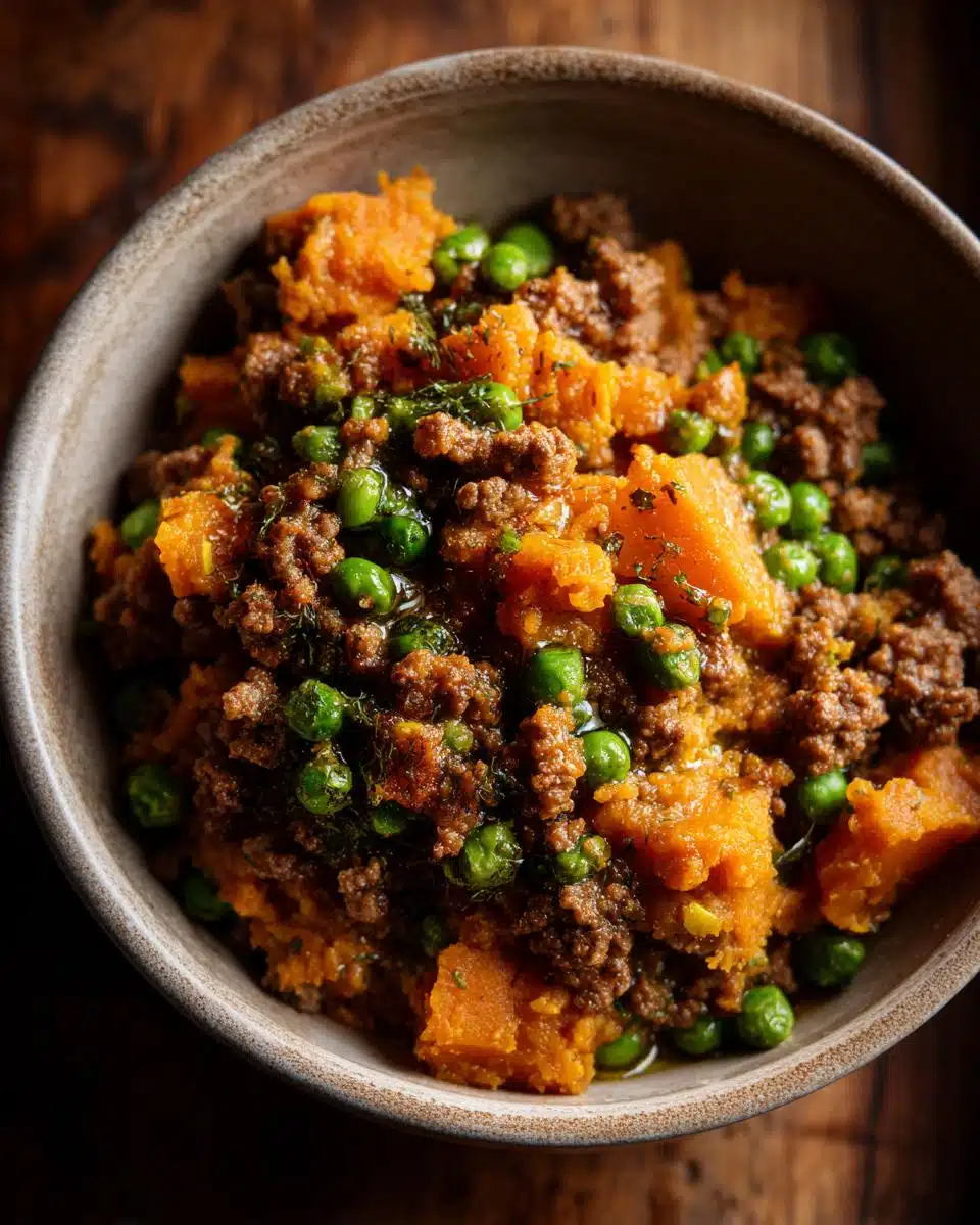 A bowl of High-Calorie Beef & Sweet Potato Dog Recipe with peas and herbs, ready to serve.