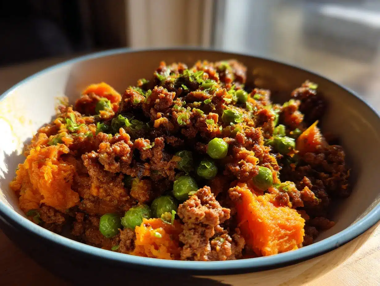 A bowl of High-Calorie Beef & Sweet Potato Dog Recipe, featuring ground beef, sweet potato, peas, and herbs.