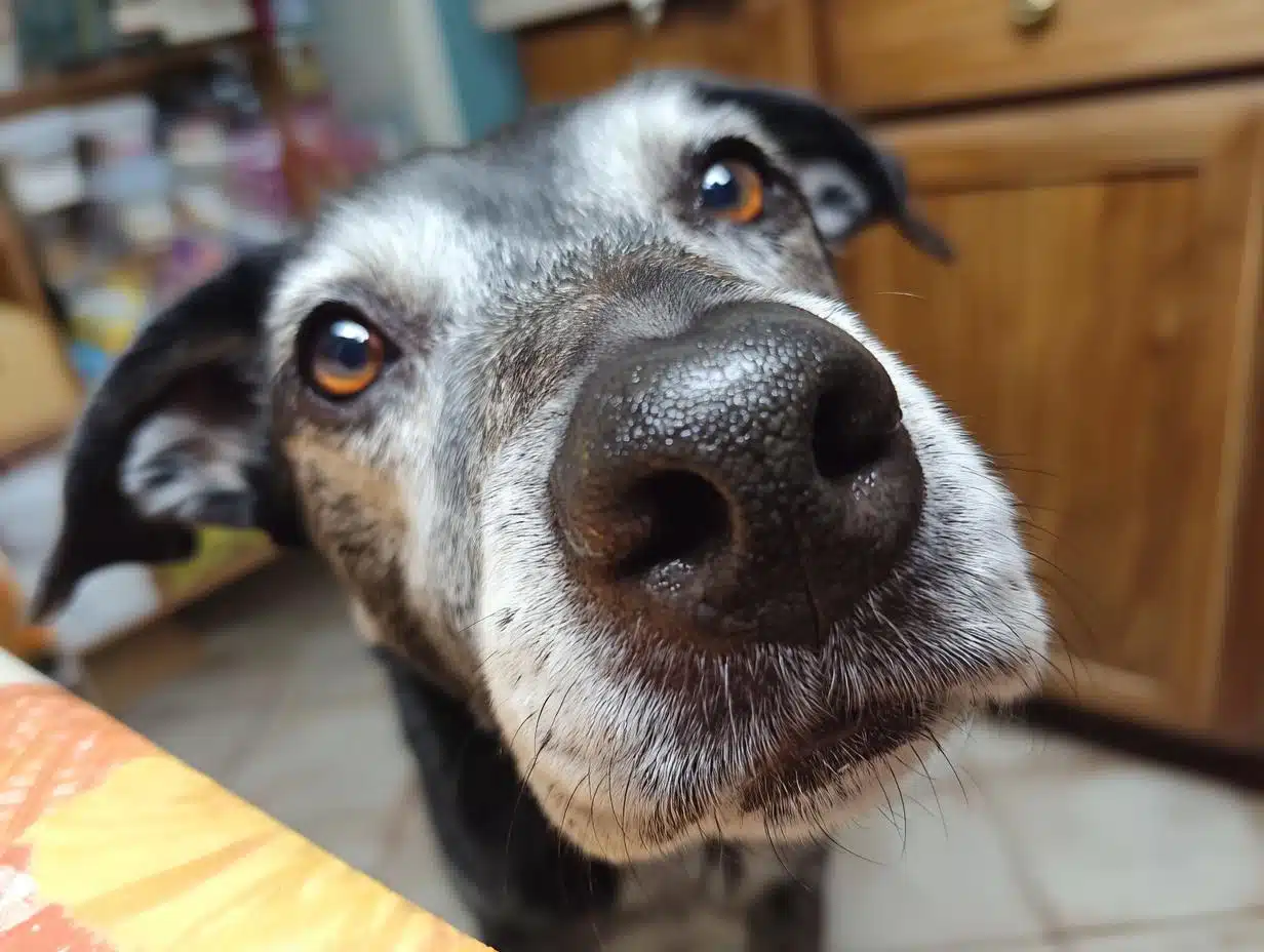Close-up of a dog's face, promoting a High-Energy Beef & Oats Dog Recipe. Focus on the dog's nose and expressive eyes.