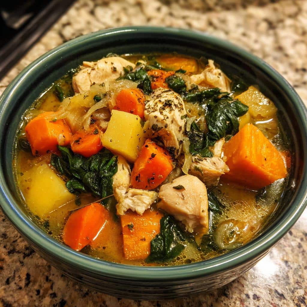 Bowl of Homemade Dog Stew with Chicken & Spinach, featuring carrots, potatoes, and a savory broth.