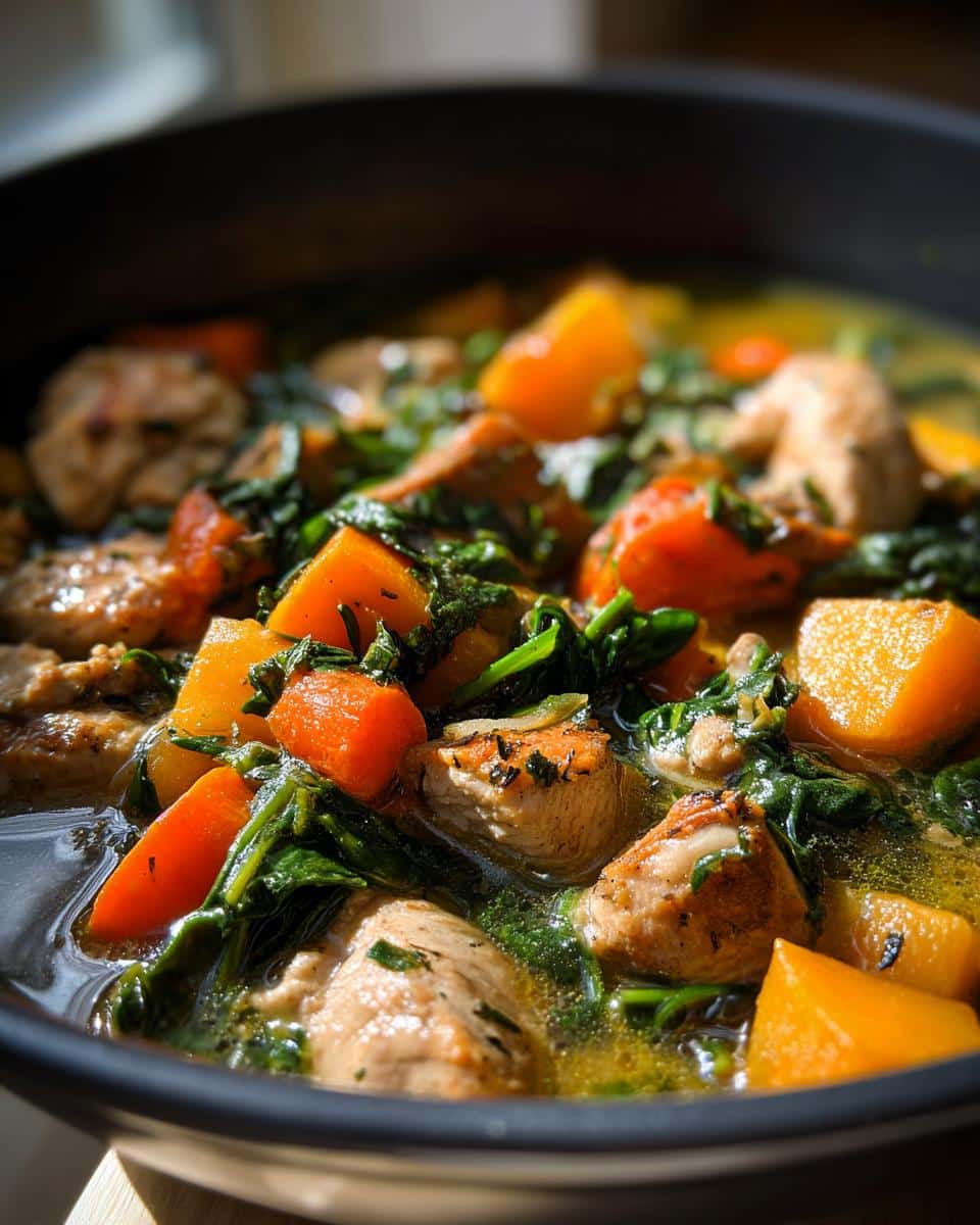 A close-up of Homemade Dog Stew with Chicken & Spinach, featuring chunks of chicken, carrots, squash, and spinach.