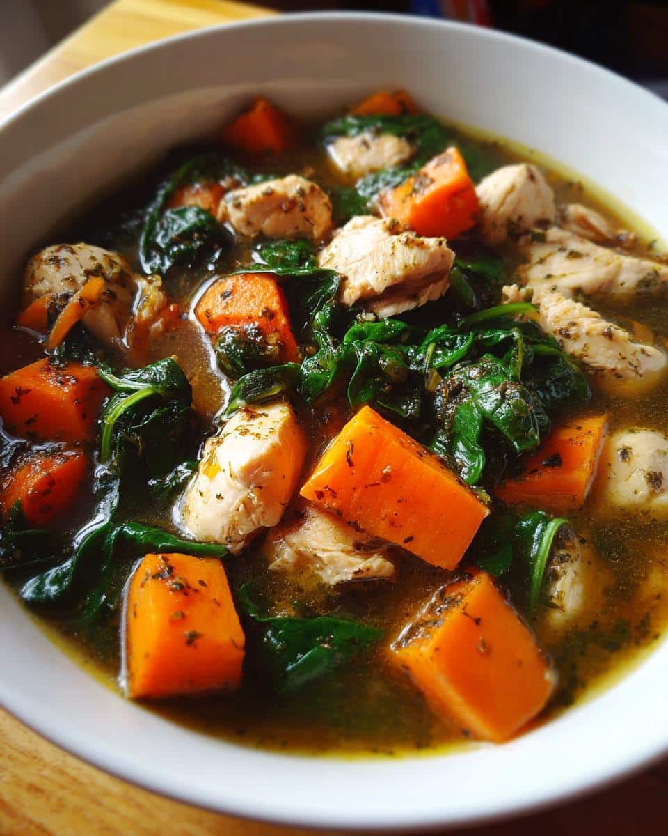 A bowl of Homemade Dog Stew with Chicken & Spinach, featuring chunks of chicken, spinach, and sweet potato in broth.