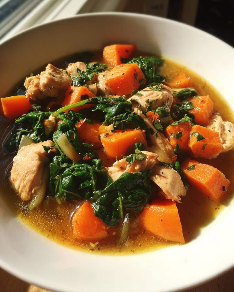 Bowl of Homemade Dog Stew with Chicken & Spinach, featuring sweet potatoes and a savory broth.