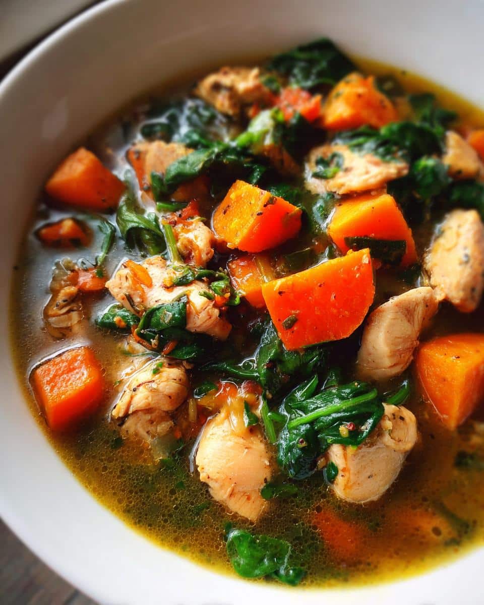 Bowl of Homemade Dog Stew with Chicken & Spinach, featuring chunks of chicken, spinach leaves, and diced sweet potato in broth.