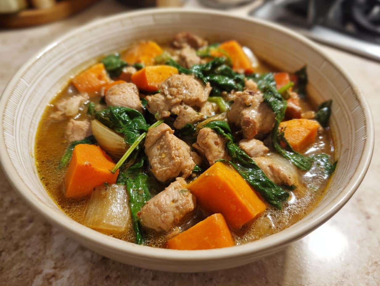 Bowl of Homemade Dog Stew with Chicken & Spinach, featuring chicken chunks, spinach and sweet potatoes.