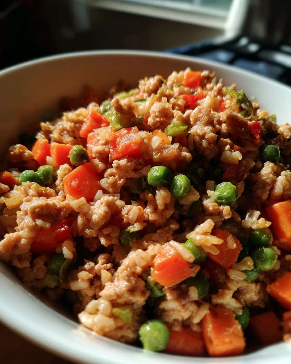 Close-up of a bowl filled with the Best Homemade Turkey & Rice Dog Recipe, featuring turkey, rice, carrots, and peas.
