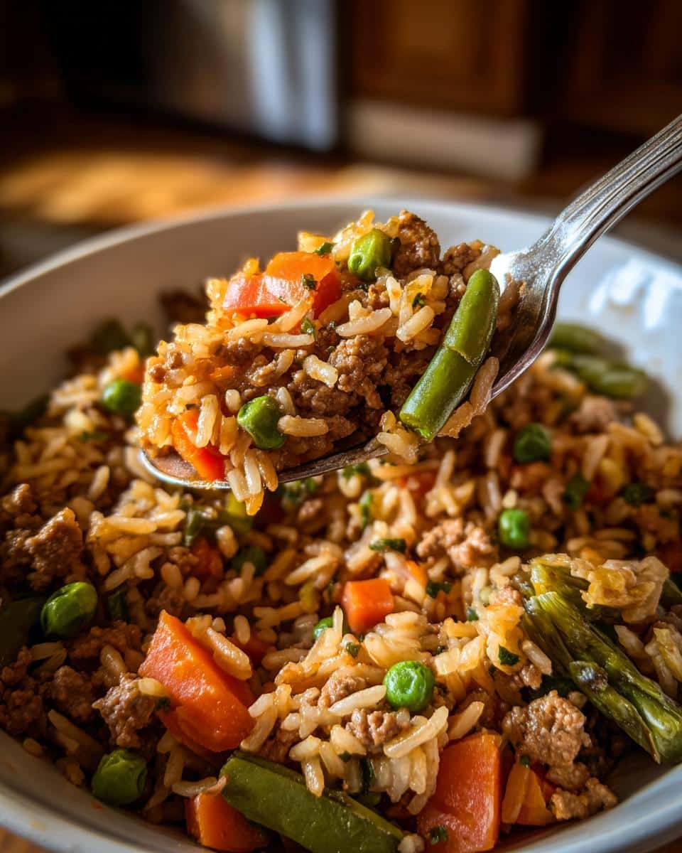 Spoonful of the Best Homemade Turkey & Rice Dog Recipe, featuring rice, ground turkey, carrots, peas, and green beans.