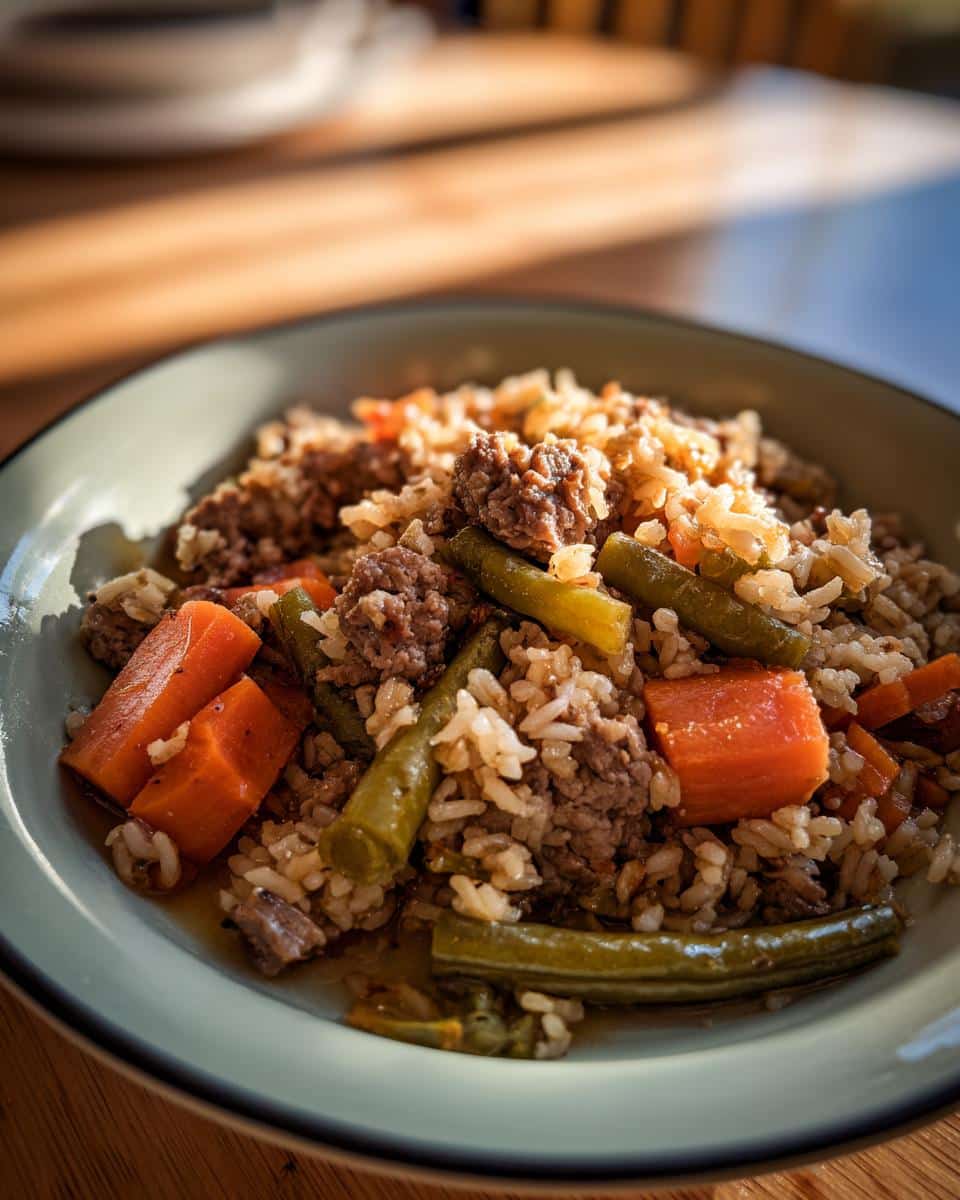Bowl of Large Dog Chicken Liver & Rice Dinner, featuring rice, chicken liver, carrots, and green beans.