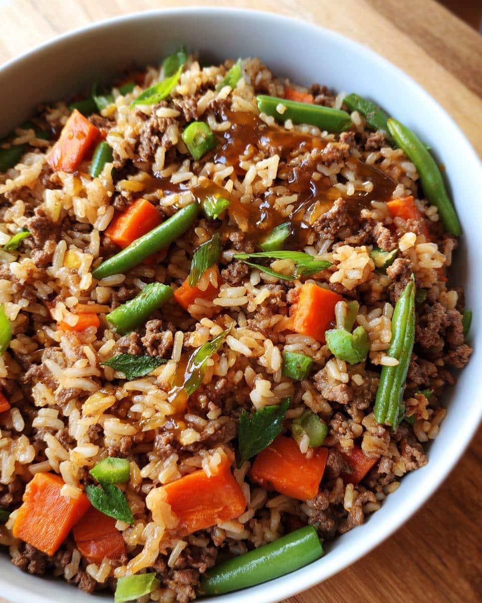 Close-up of a bowl of Large Dog Chicken Liver & Rice Dinner, featuring rice, carrots, green beans, and gravy.