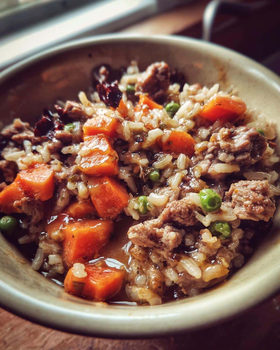 A bowl of Large Dog Chicken Liver & Rice Dinner, featuring carrots, peas, and rice.