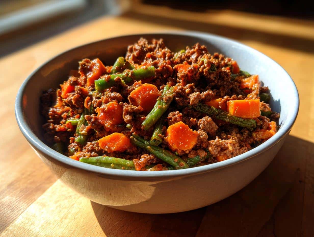 A bowl of Large Dog Chicken Liver & Rice Dinner, featuring chicken liver, rice, carrots, and green beans.
