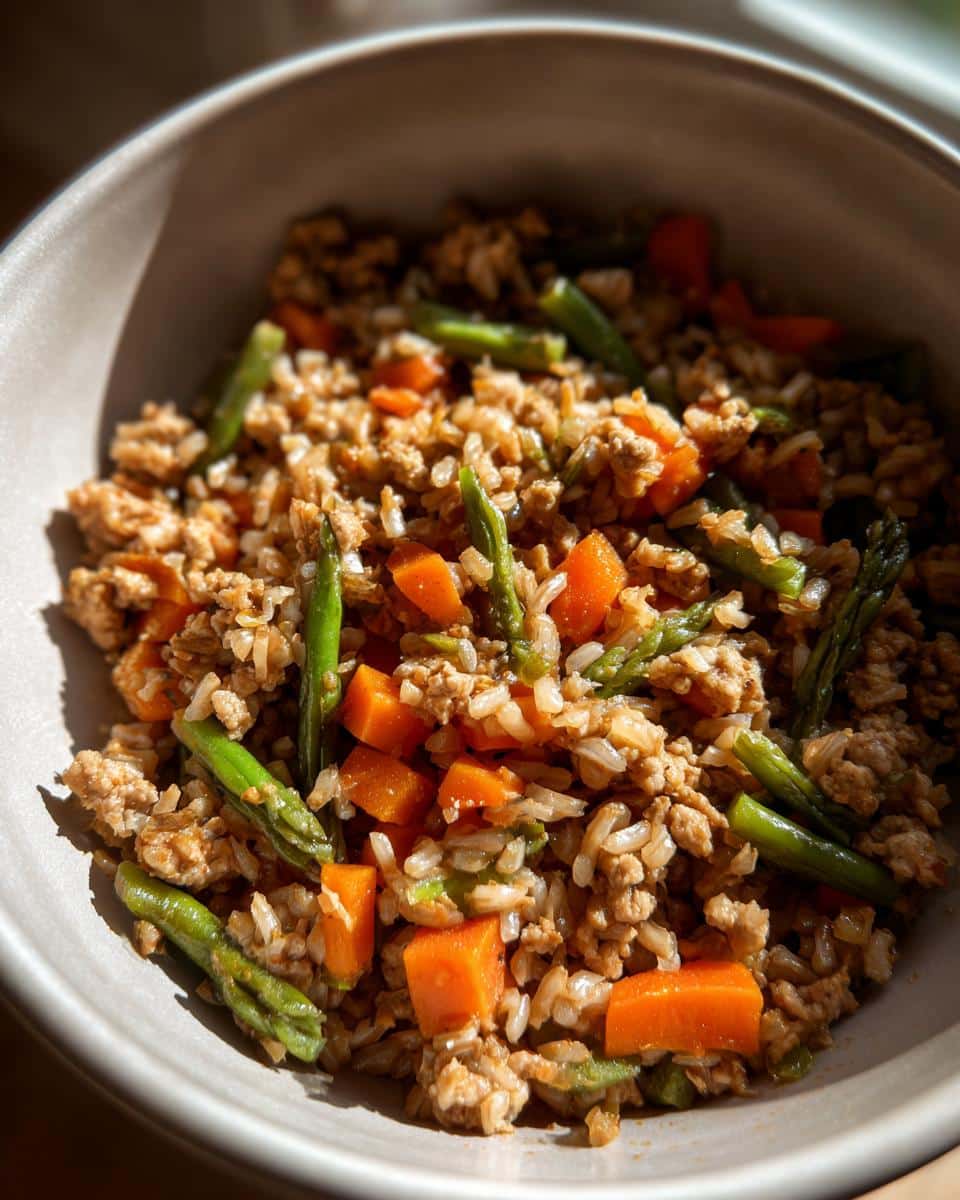A bowl of Mini Crockpot Turkey Dinner for Small Dogs, featuring turkey, rice, carrots, and asparagus.