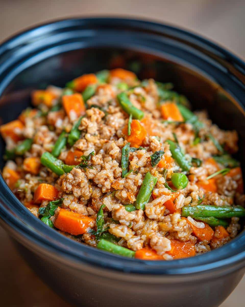 A close-up of a Mini Crockpot Turkey Dinner for Small Dogs with turkey, carrots, and green beans.