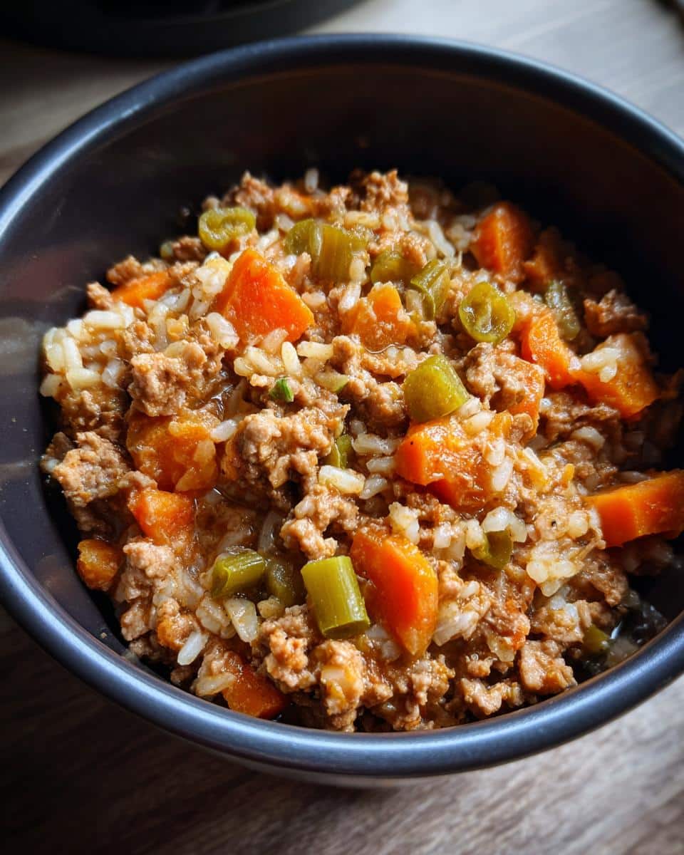 A bowl of Mini Crockpot Turkey Dinner for Small Dogs, featuring turkey, rice, carrots, and green beans.