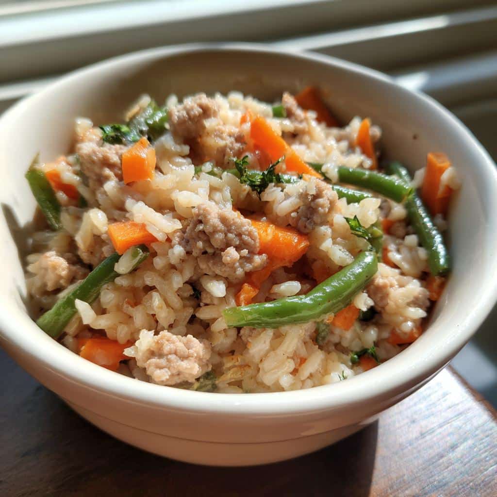 A bowl of Mini Crockpot Turkey Dinner for Small Dogs, featuring turkey, rice, carrots, and green beans.