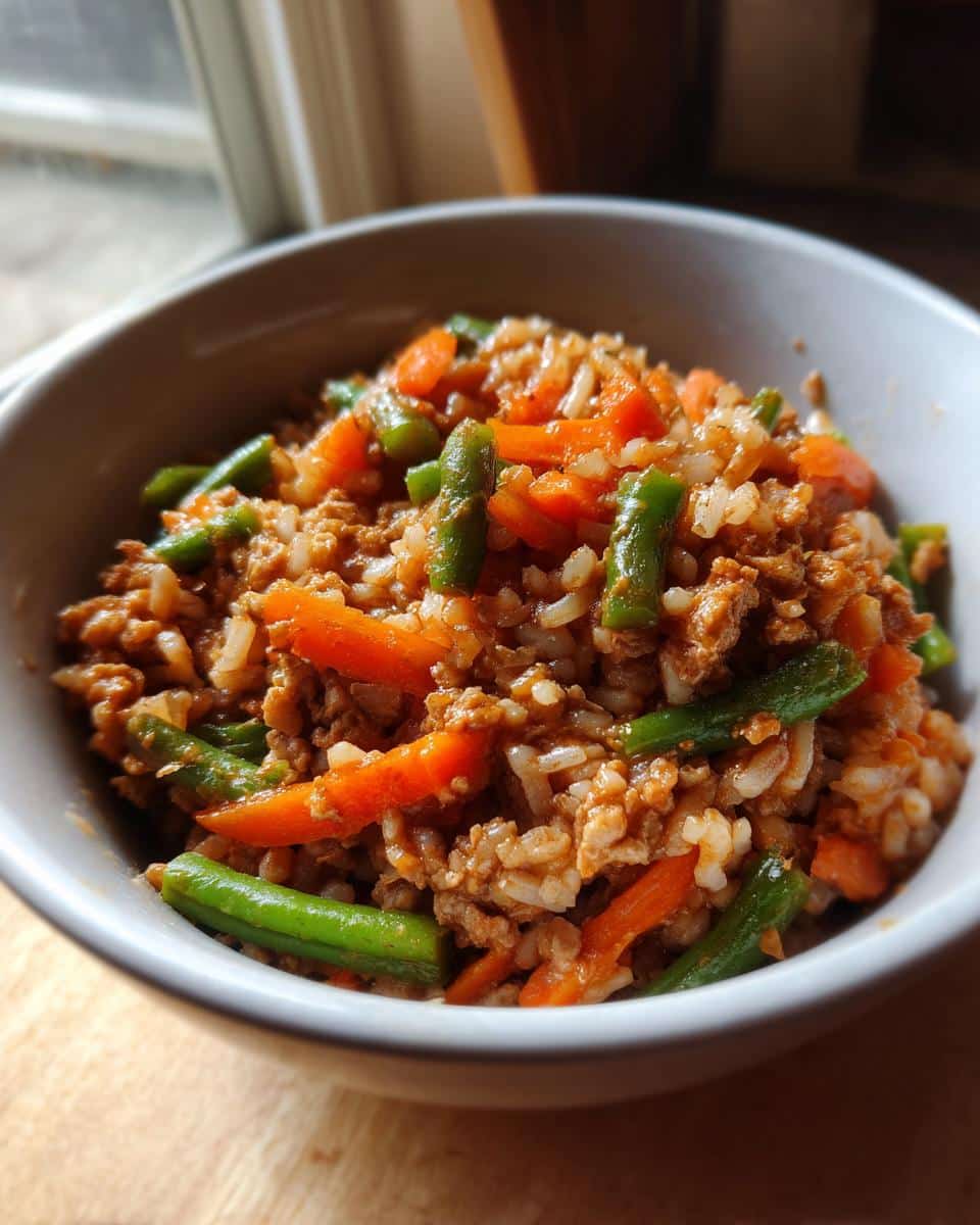 A bowl of Mini Crockpot Turkey Dinner for Small Dogs, featuring turkey, rice, carrots, and green beans.