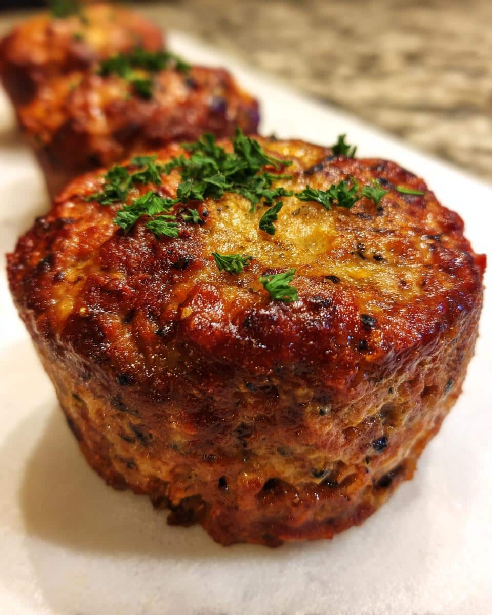 Close-up of mini meatloaf dog food for small breeds, garnished with parsley.