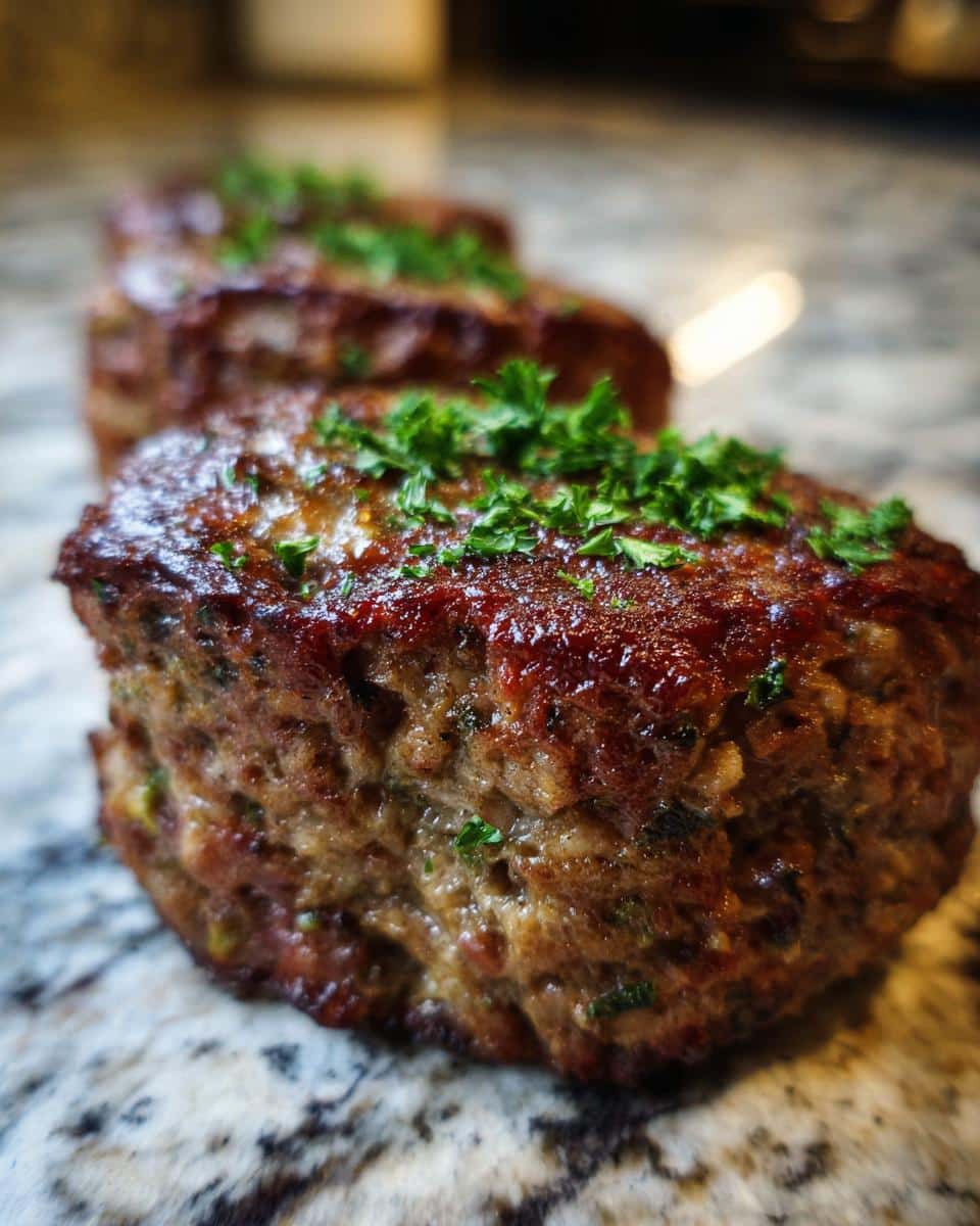 Close-up of mini meatloaf dog food for small breeds, topped with parsley, on a granite countertop.