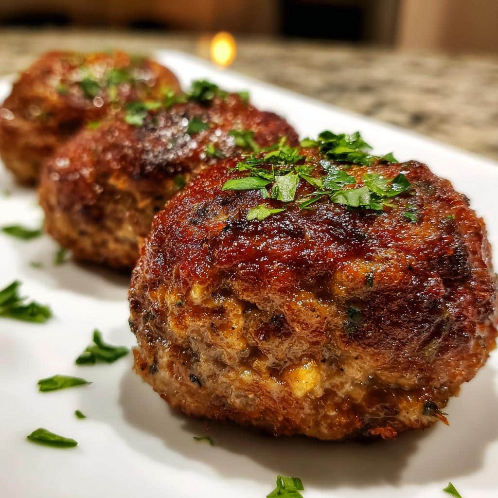 Three mini meatloaf dog food portions, garnished with parsley, prepared for small breeds.