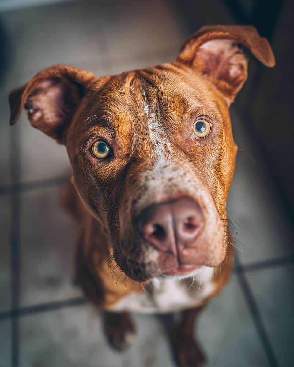 A muscular dog looks up, suggesting the need for Chicken & Egg Dog Food for Muscular Dogs.