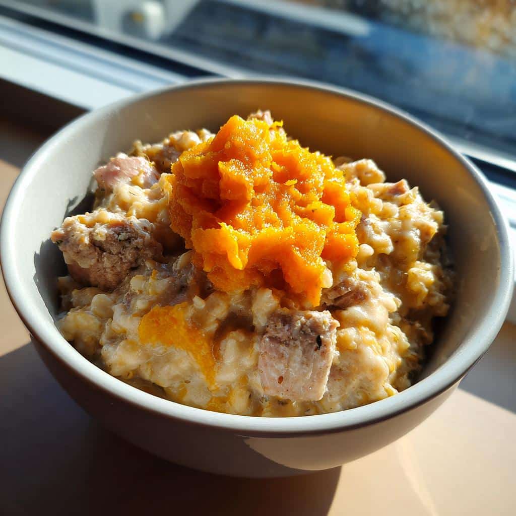 A delicious Oatmeal & Turkey Puppy Breakfast Bowl with a topping of pumpkin puree.