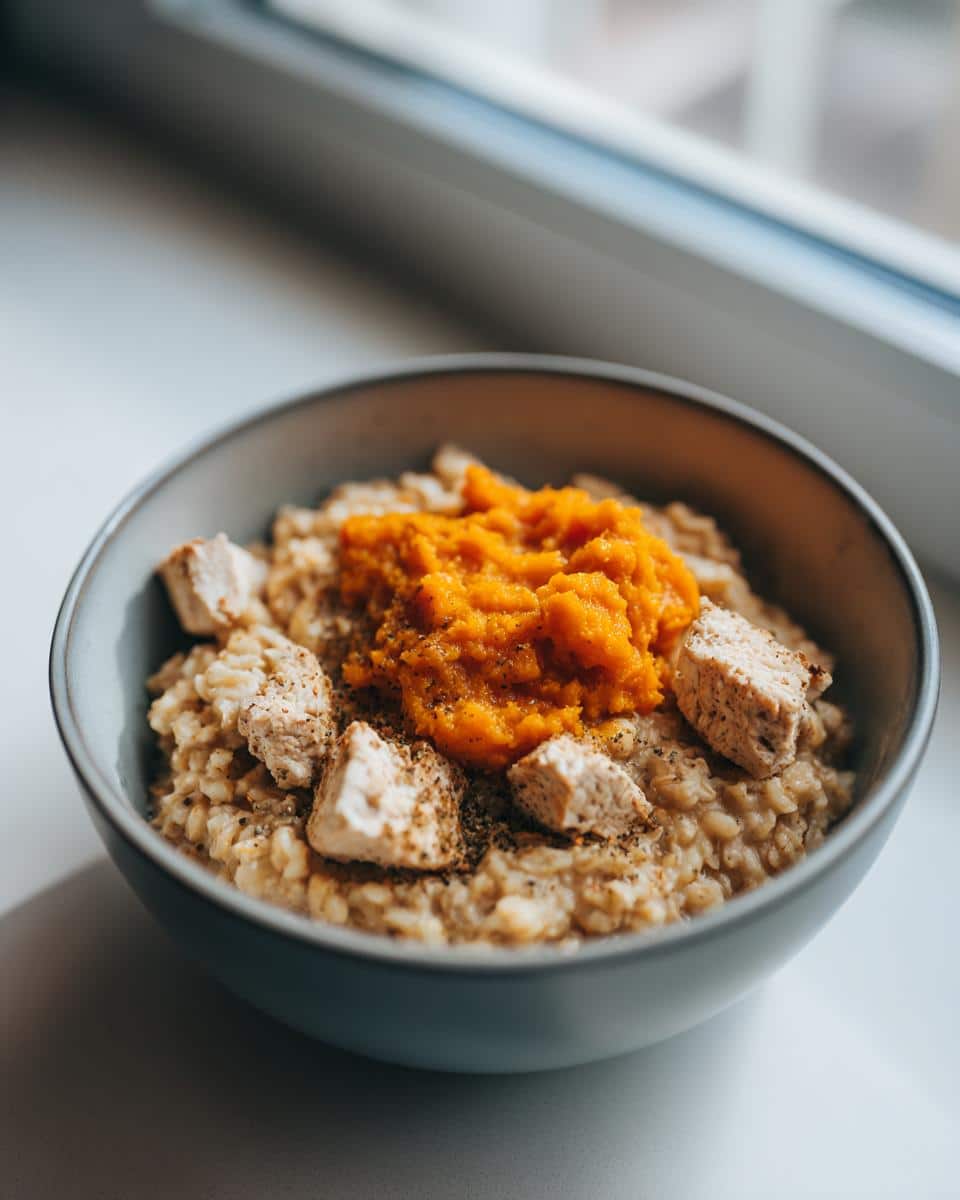 A bowl of Oatmeal & Turkey Puppy Breakfast Bowl with pumpkin and seasoning.