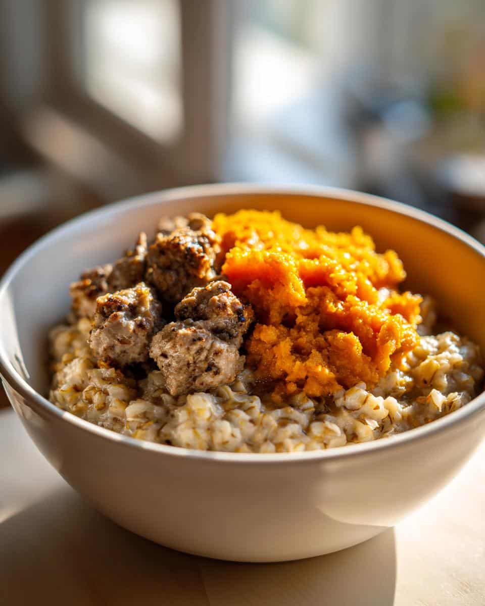 A bowl of Oatmeal & Turkey Puppy Breakfast Bowl, featuring oatmeal, turkey meatballs, and pumpkin puree.