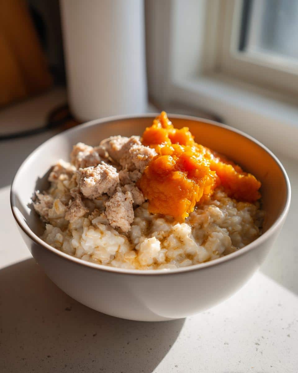 A bowl of Oatmeal & Turkey Puppy Breakfast Bowl, featuring oatmeal, turkey, and pumpkin.