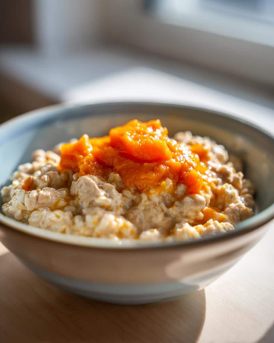 Close-up of an Oatmeal & Turkey Puppy Breakfast Bowl topped with pumpkin.