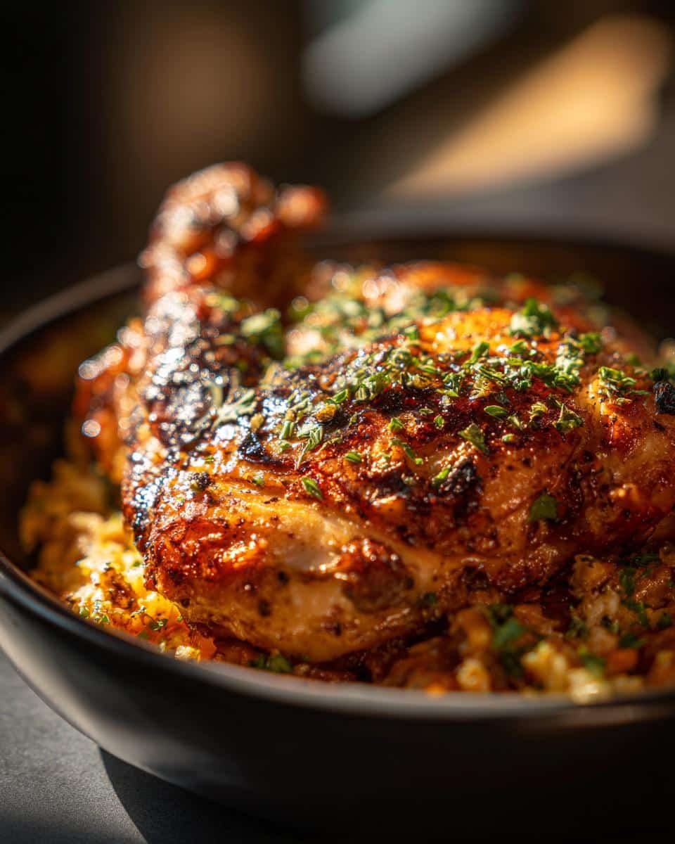 Close-up of roasted chicken with herbs, part of an Easy One-Pot Chicken & Veggie Dog Dinner.