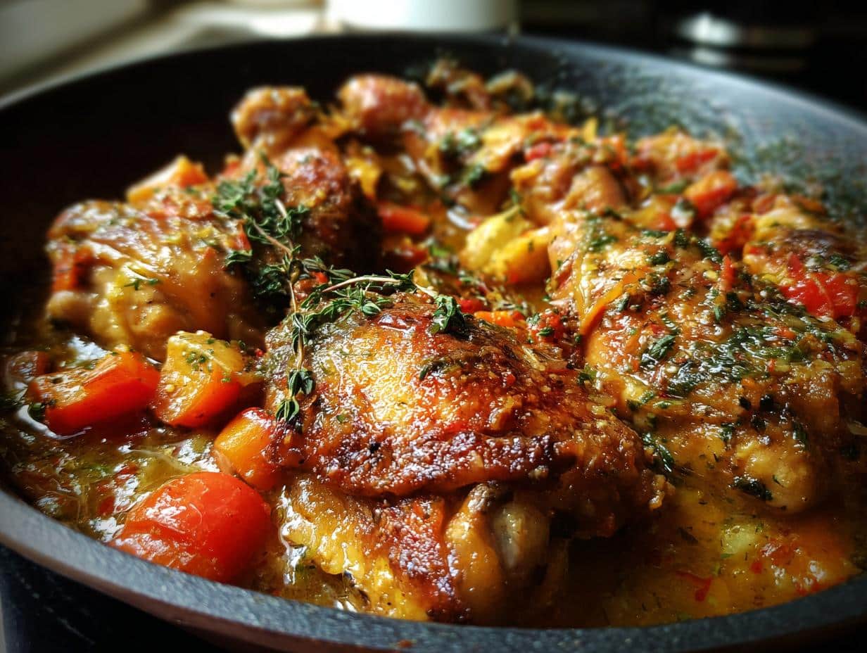 Close-up of an Easy One-Pot Chicken & Veggie Dog Dinner in a pan, garnished with fresh herbs.