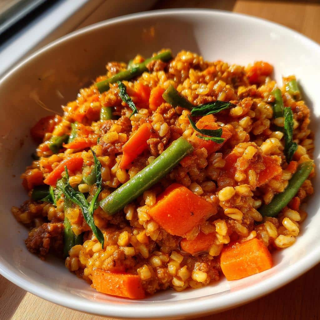 A bowl of One-Pot Turkey & Barley Dog Meal, featuring turkey, barley, carrots, and green beans.