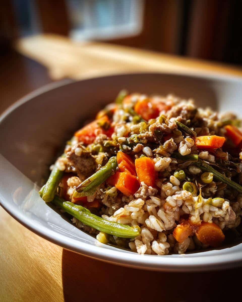 Bowl of One-Pot Turkey & Barley Dog Meal, featuring turkey, barley, carrots, and green beans.