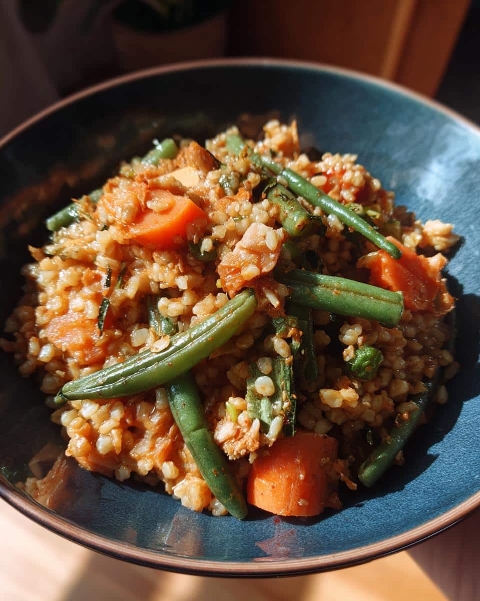A bowl of One-Pot Turkey & Barley Dog Meal with turkey, barley, carrots, and green beans.