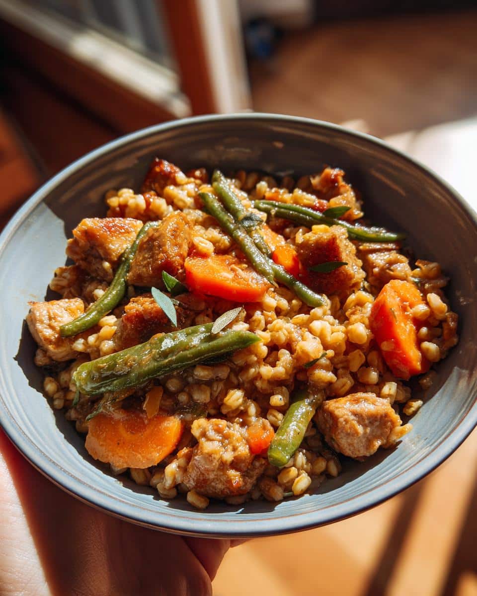 A bowl of One-Pot Turkey & Barley Dog Meal with turkey, barley, carrots, and green beans.