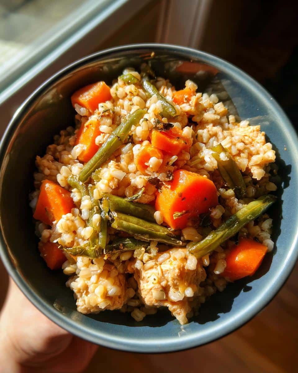 A bowl of One-Pot Turkey & Barley Dog Meal, featuring turkey, barley, carrots, and green beans.