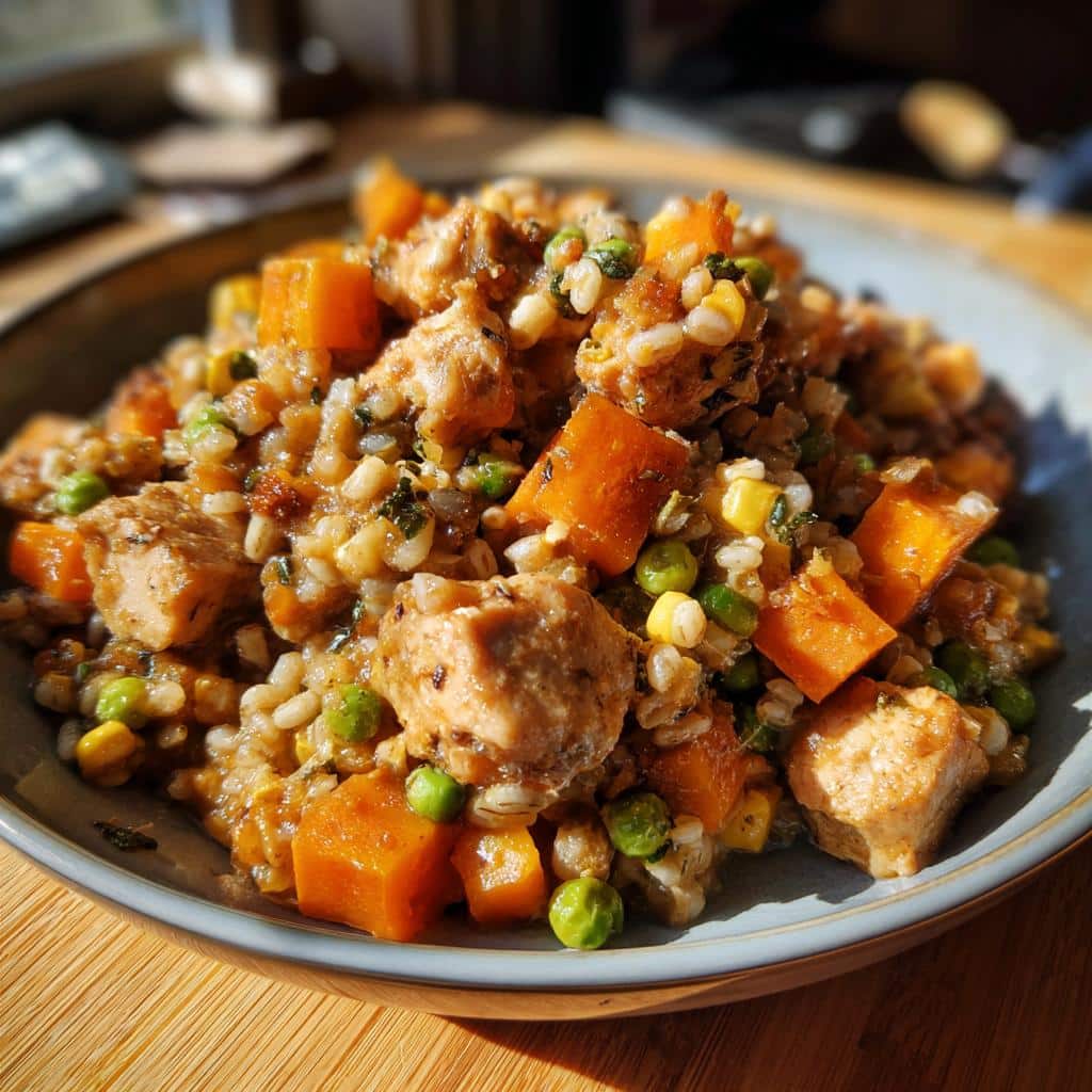 A bowl of Power Protein Chicken & Barley Dog Food, featuring chicken, barley, peas, corn, and sweet potato.
