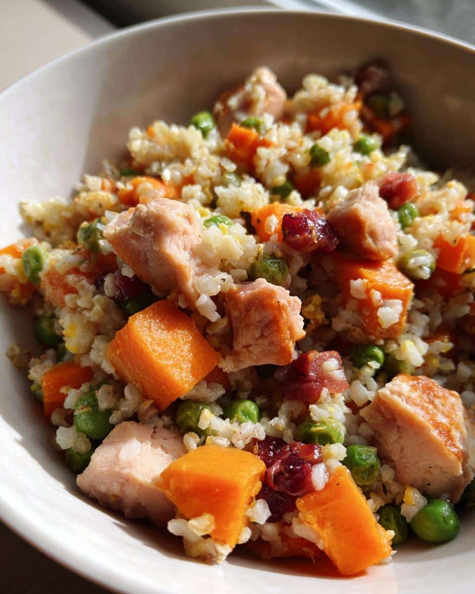 A bowl of Power Protein Chicken & Barley Dog Food, featuring chicken, barley, peas, carrots, and cranberries.