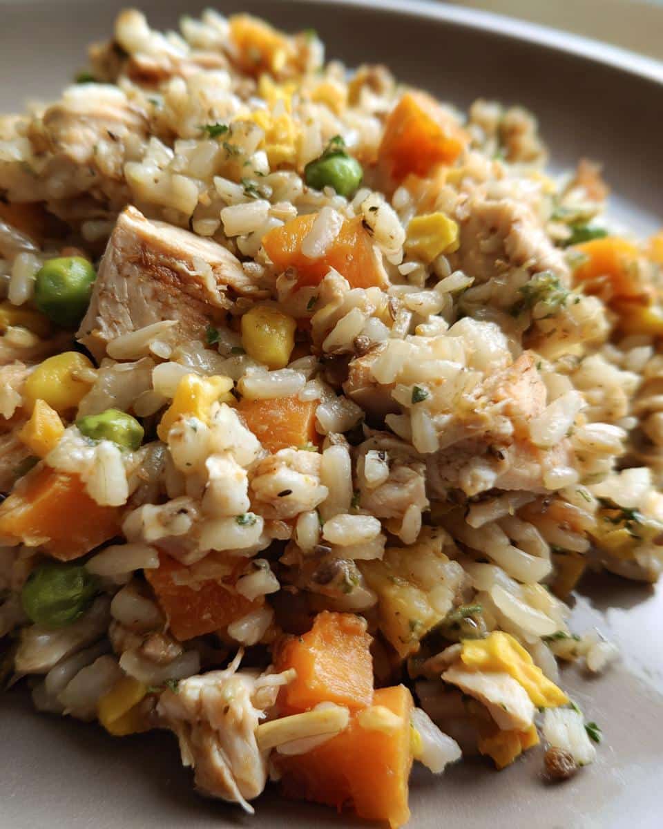 A bowl of Power Protein Chicken & Barley Dog Food, featuring chicken, barley, carrots, and peas.