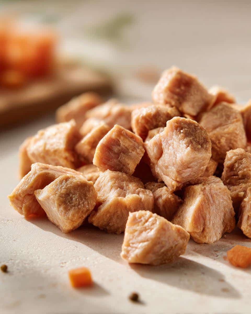 Close-up of Power Protein Chicken & Barley Dog Food pieces, showing texture and ingredients.