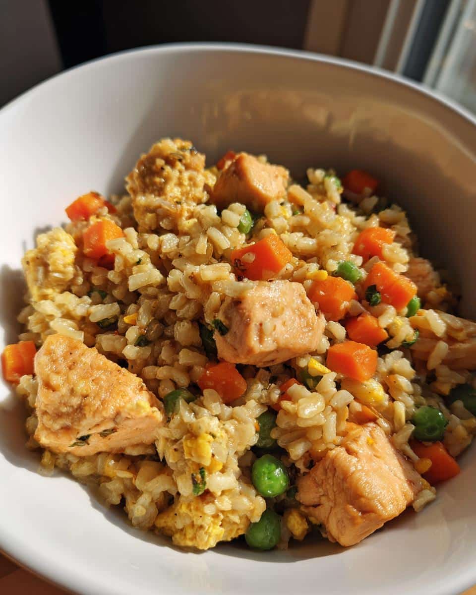 Bowl of Power Protein Chicken & Barley Dog Food with chicken, barley, carrots, and peas.