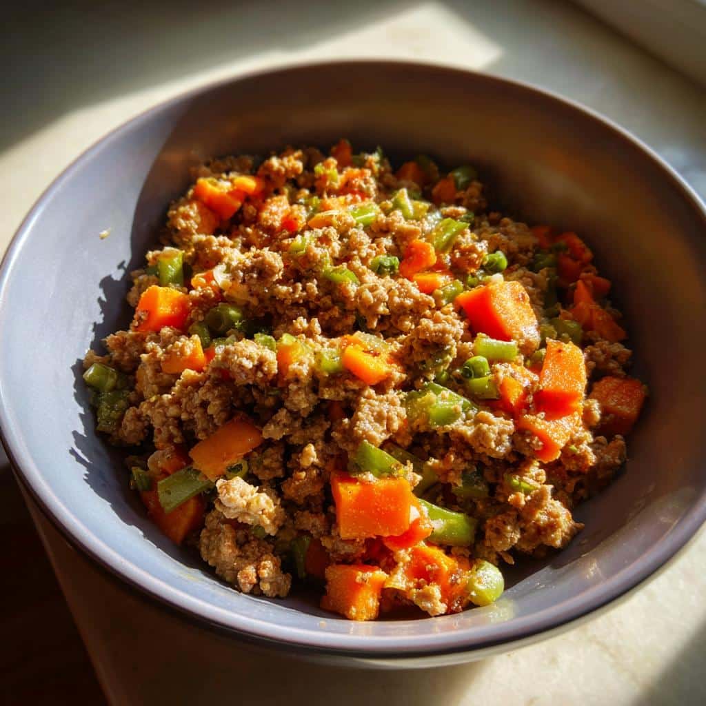 Bowl of Protein-Packed Lamb & Veggie Dog Meal, featuring ground lamb, carrots, and green beans.