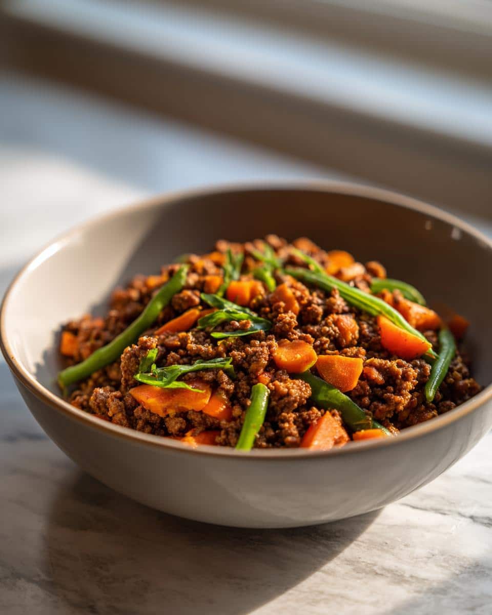 Bowl of Protein-Packed Lamb & Veggie Dog Meal, featuring ground lamb, carrots, and green beans.