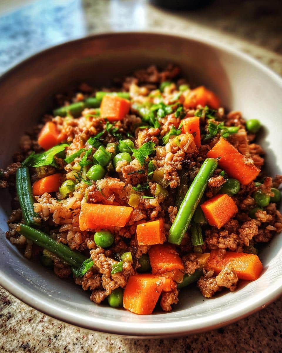 A bowl of Protein-Packed Lamb & Veggie Dog Meal, featuring lamb, carrots, peas, and green beans, topped with fresh herbs.