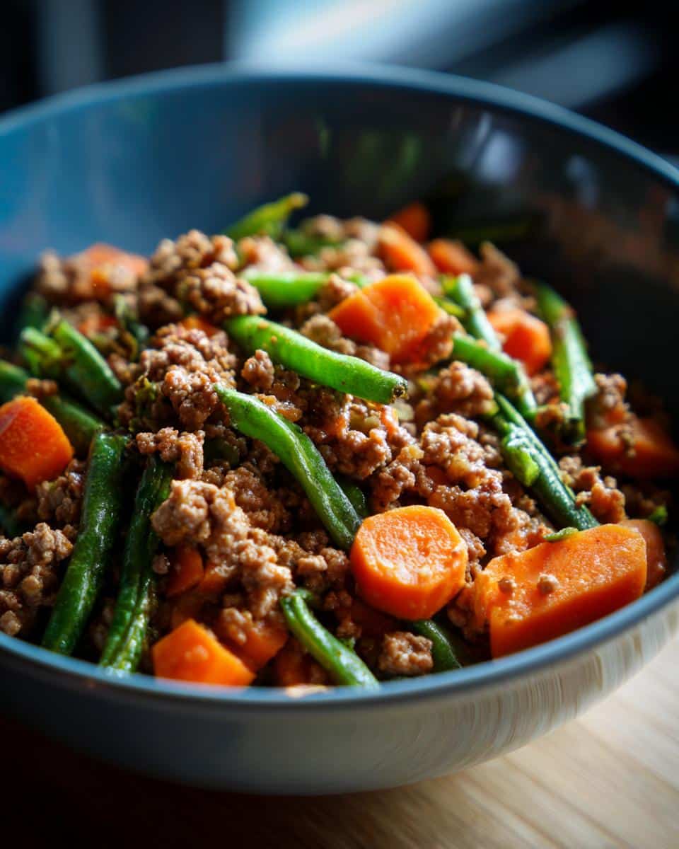 A bowl of Protein-Packed Lamb & Veggie Dog Meal, featuring ground lamb, green beans, and carrots.