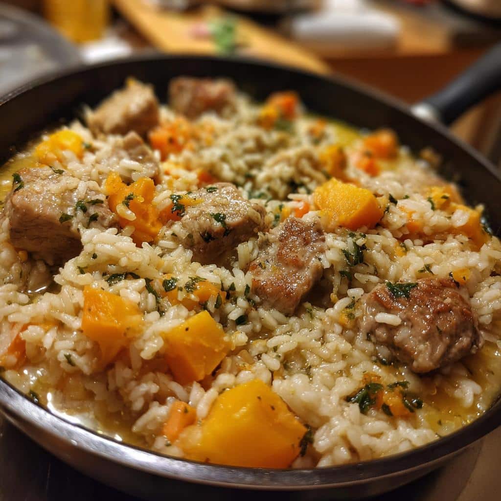 Close-up of Best Pumpkin & Chicken Dog Food Recipe in a pan, featuring rice, pumpkin, chicken, and herbs.
