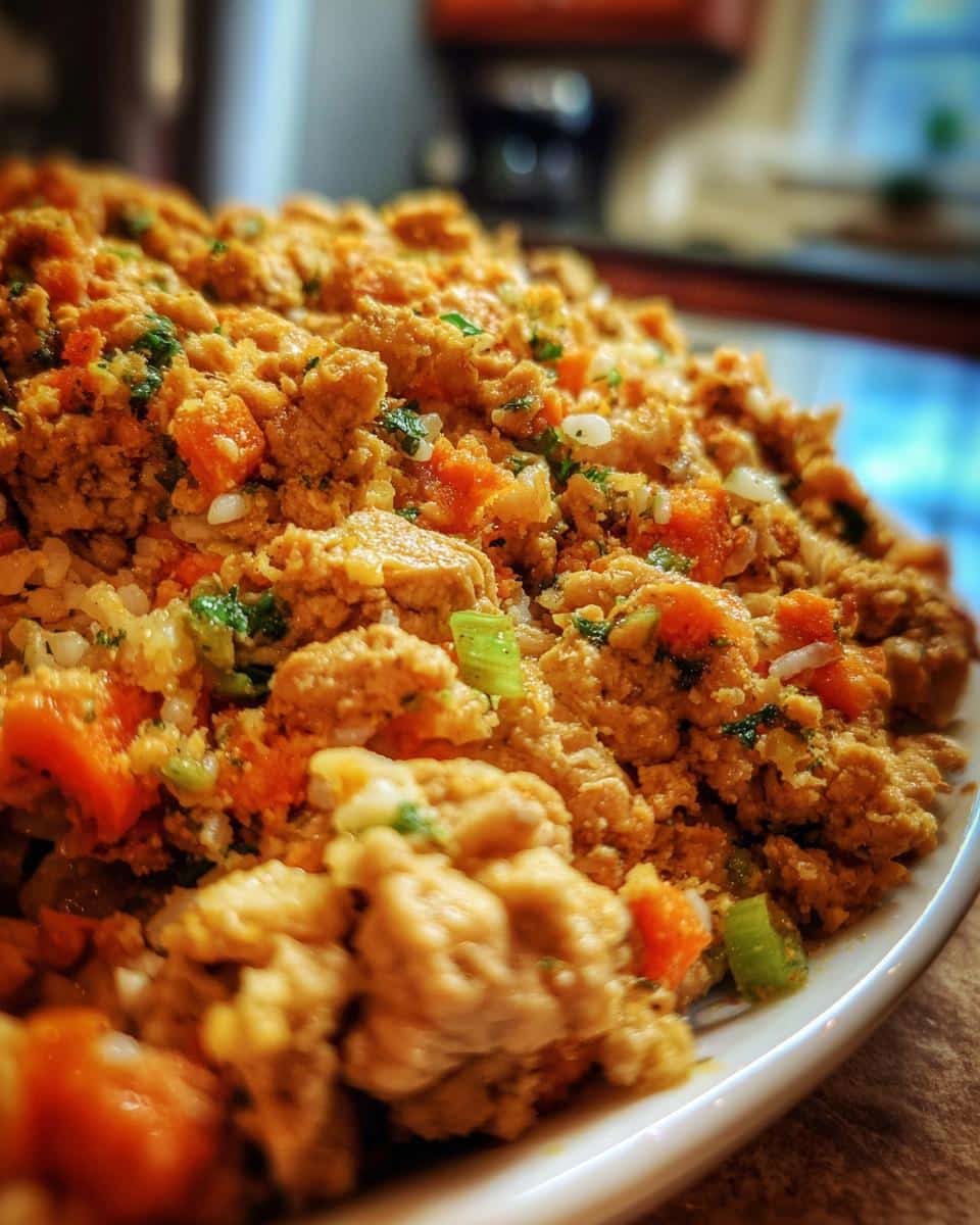 Close-up of Best Pumpkin & Chicken Dog Food Recipe, showing pumpkin, chicken, and other ingredients.