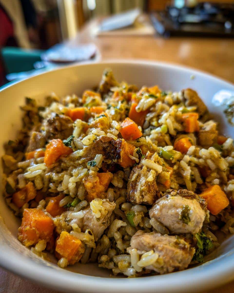 A bowl of the best pumpkin & chicken dog food recipe, featuring rice, chicken, pumpkin, and greens.