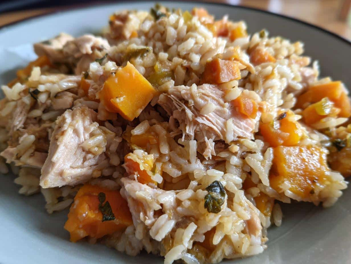 Close-up of Best Pumpkin & Chicken Dog Food Recipe with rice, pumpkin, and chicken pieces.